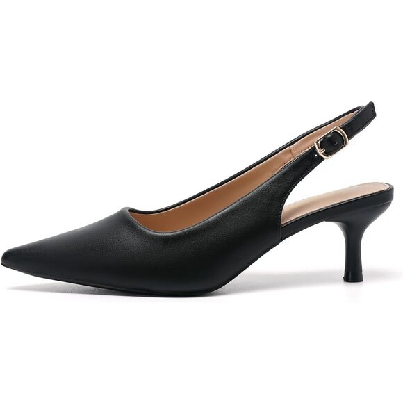 Amoji Women Black-pu Polyurethane Low Kitten Heel Slingback Pointed Toe Sandals - Picture 2 of 6